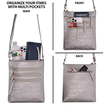 Solene Crossbody Bag Functional Multi Pocket Messenger Purse Top Zip Closure Shoulder Handbag With Adjustable Strap - color: Lt. Pewter