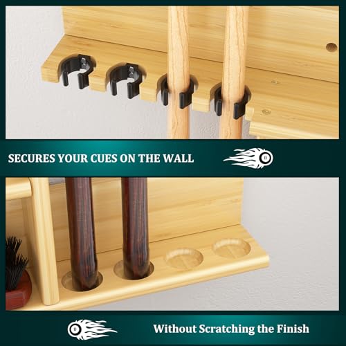Wall Mounted Pool Cue Rack, Bamboo Billiards Sticks Holder for 8 Cue Sticks, Organizes Full Set of Balls and Pool Table Accessories - color: Bamboo