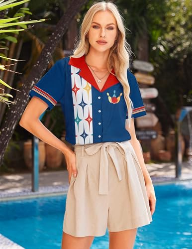 Bowling Shirts Women Hawaiian Bowling Shirt Bowling Lover Gift Tops Bowler Button Down Short Sleeve Tee - color: Blue, size: Large