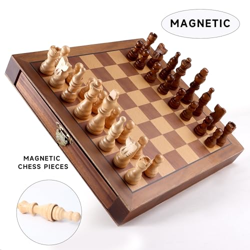 GSE Games & Sports Expert 10" Magnetic Chess Set, Wooden Chess Board Game Set with Drawers, Classic Portable Travel Board Game for Kids & Adults