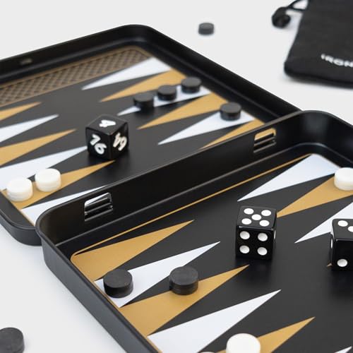 Iron & Glory Magnetic Travel Backgammon Set Durable Tin Case with Secure Magnetic Pieces, Compact & Portable Board Game for Family Strategy Game with Carry Pouch Easy On-the-Go Fun, Ideal Novelty Gift - color: Black