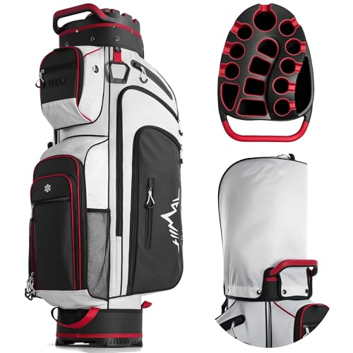 uniHimal Golf Cart Bag with 14-Way Full-Length Dividers, Golf Bag for Men Women with Magnetic Leather Pocket, Handles and Rain Cover, Lightweight Golf Club Bag Includes Cooler Pockets - color: White