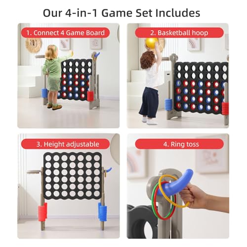UNICOO Jumbo 4-in-a-Row Game Set, Height Adjustable Indoor Outdoor Yard Game with Basketball Hoop, Ring Toss & Carrying Bag, Family Party Lawn Game for Kids and Adults - color: Grey & Black