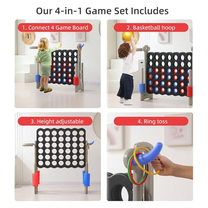 UNICOO Jumbo 4-in-a-Row Game Set, Height Adjustable Indoor Outdoor Yard Game with Basketball Hoop, Ring Toss & Carrying Bag, Family Party Lawn Game for Kids and Adults - color: Grey & Black