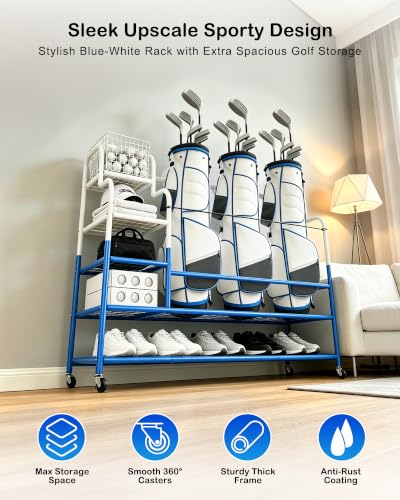 Golf Bag Storage Garage Organizer for 3 Bags, Golf Storage Rack with Wheels | 50% More Space Multi-Zone, All-In-One Compact 5-tier Upscale Sporty Heavy-Duty Rack, 4 360° Casters,Movable Basket,Golf Gifts - size: 3 Golf Bag Rack丨50.4"(L)x15.8(W)"x44.6"(H)