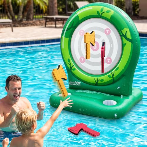Inflatable Dart Board Pool Toys Games, Pool Toys for Kids Ages 8-12, Axe Throwing Game with 4 Soft EVA Axes, Summer Swimming Pool Games Water Toy Pool Party Games for Teens Adults Family