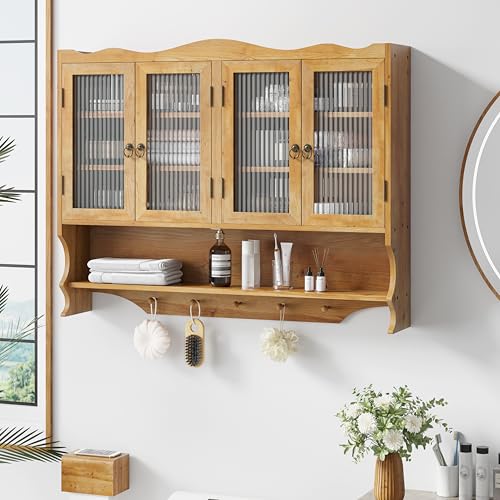 Retro Style Haze Four Glass Door Wood Wall Cabinet with Detachable Shelves for Office, Dining Room,Living Room, Kitchen and Bathroom - color: Natural(4)