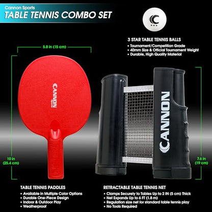 Cannon Sports Table Tennis Set – 4 Unbreakable Paddles, 6 3-Star Balls, Retractable Net & Carry Bag – Clamp-On Portable Ping Pong Net Fits Tables up to 2 Inch Thick, Extends to 6 Feet - color: Red