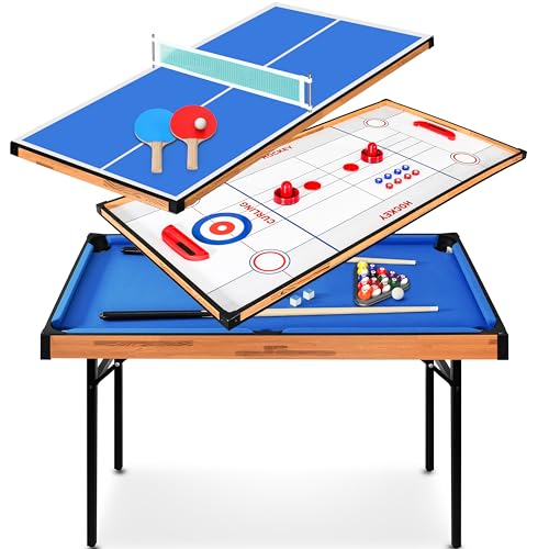 SereneLife 4 in 1 Multi Game Table, 4’x2’ Folding Portable Sports Arcade Games with Accessories, Ping Pong, Air Hockey, Pool Billiards, and Shuffleboard, for Indoor, Outdoor, All Ages