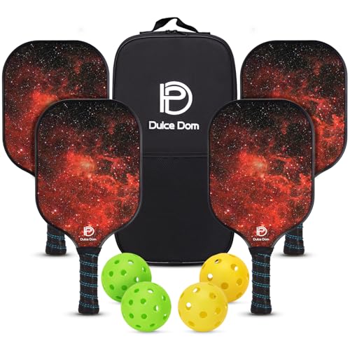 Dulce DOM Pickleball Paddles Set of 2/4 - USAPA Approved, 4 Indoor Outdoor Pickleball Balls, Fiberglass Surface Paddle Racket with Cover Bag, Ideal Training Equipment Gift for Men & Women - color: Red*4