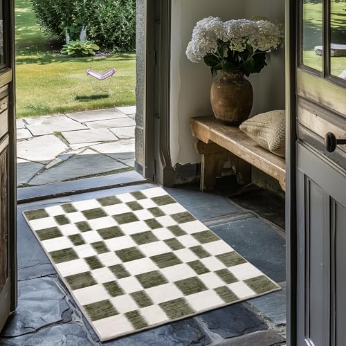 EVERGRACE Checkered Plaid Area Rug 2x3, Soft Fuzzy Faux Wool Rugs Washable Anti Slip Rugs Small Rug Carpet for Entryway Bedroom Living Room Hallway Kitchen Dining Room and Laundry Room, Olive Green - color: Olive Green, size: 2' x 3' (Rectangular)