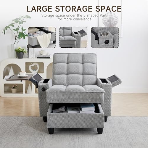 oaaktu Modern Tufted Linen Fabric Chaise Lounge Sofa Chair with Rotating Side Table,Storage,Pillow,USB Charging Ports and Adjustable Backrest Perfect for Living Room, Small Spaces (12-Light Gray) - color: 12-light Gray