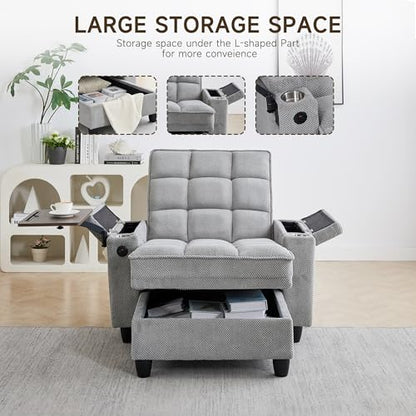 oaaktu Modern Tufted Linen Fabric Chaise Lounge Sofa Chair with Rotating Side Table,Storage,Pillow,USB Charging Ports and Adjustable Backrest Perfect for Living Room, Small Spaces (12-Light Gray) - color: 12-light Gray