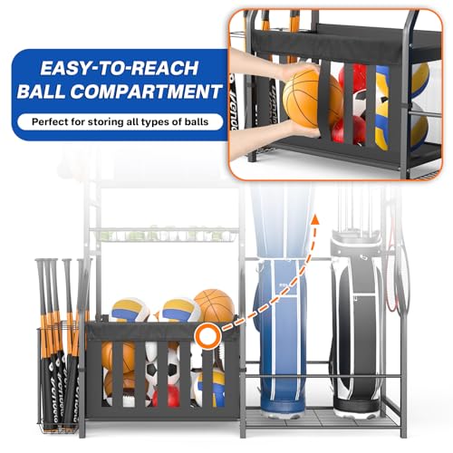Heavy Duty Garage Sports Equipment Organizer, All-in-One Golf Bag Storage Rack & Multi-Sport Ball Holder for Basketballs, Bats & Kids Toys, Indoor/Outdoor Free Standing Gear Bin