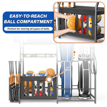 Heavy Duty Garage Sports Equipment Organizer, All-in-One Golf Bag Storage Rack & Multi-Sport Ball Holder for Basketballs, Bats & Kids Toys, Indoor/Outdoor Free Standing Gear Bin