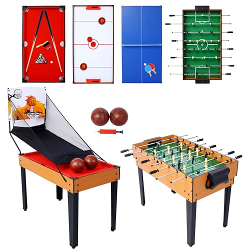 5-in-1 Multi-Game Table - Billiards, Push Hockey, Foosball, Ping Pong, and Basketball Brown/red