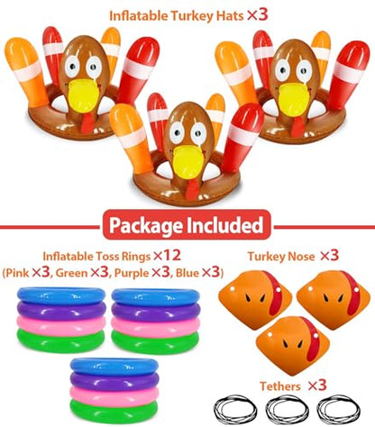 3 Pack Thanksgiving Ring Toss Games Toys for Kids Thanksgiving Inflatable Turkey Hat Toss Games Thanksgiving Family School Party Favors Supplies Indoor Outdoor Party Game(3 Turkey Hats, 12 Rings)