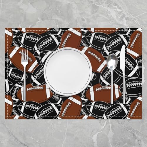 Cartoon Rugby Placemat Set of 4,Sports Brown Rugby Outdoor Indoor Place Mats,Football Games Competition Washable Durable Table Mats 12x18 Inch - color: Brown Black White