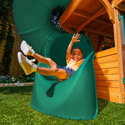 KidKraft Buffalo Crossing Wooden Outdoor Swing Set with Tube Slide | Two-Story Playhouse, Rock Wall, Glider, Faux Stone Facade, Planter Boxes