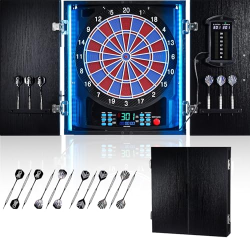 Electronic Dart Board, Electric Dartboard Cabinet Set for Adults [6 Soft Tip Darts] Individual Light Color for Each Player, Wooden Dartboard Cabinet for Family Game - style: GORILLA