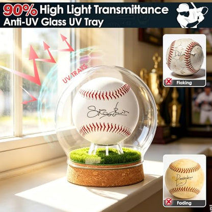Real Glass Baseball Display Case - UV Protected Dome Tabletop Box with Cork Base & Faux Grass for a Single Official, Signed or Game-Used Baseball (Cloche Dome)