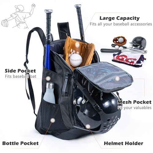 | Baseball Bag Softball Bat Bag, Double-layer Baseball Backpack Adult with Gear Klip To Hold Baseball Glove, Baseball Essential Gear, Youth Baseball Bag for Boys, Girls, Baseball Accessories - color: Black