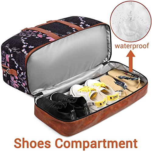 Weekender Bag for Women, Large Overnight Bag Canvas Travel Duffel Bag Carry On Tote with Shoe Compartment 21" 3Pcs Set - color: A08-brown+black flower