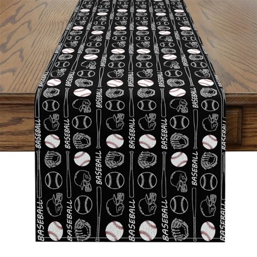 Castle Fairy Baseball Tabletop Decor for Kitchen Or Dining, Ball Games Table Runners for Boys Teens Adult,Baseball Bat Table Mat 13 X 72 Inches, Black White - size: 72"x13"