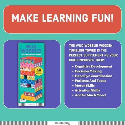 Mudpuppy Wild Wobble! – Colorful Wooden Tumbling Tower Game, 4 Across, Great for Small Hands, Ages 3+