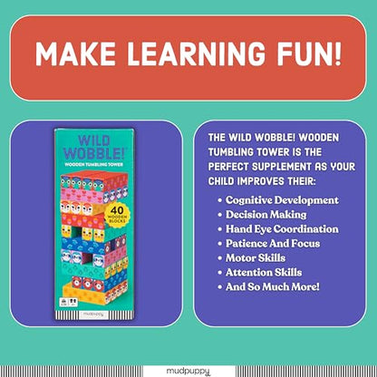 Mudpuppy Wild Wobble! – Colorful Wooden Tumbling Tower Game, 4 Across, Great for Small Hands, Ages 3+