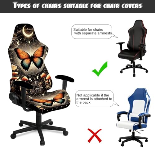 Ergonomic Gaming Chair Covers Set Stretch Rotating Game Chair Seat Cover with Armrest Slipcovers, High Back Computer Armchair Slipcover for Office Home, Butterfly Moon Star Mushroom - color: Butterfly Moon Star Mushroom