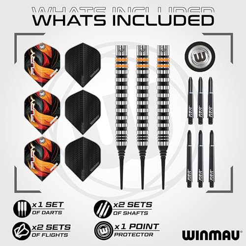 WINMAU Fury 18-20 Gram Tungsten Softip Darts Set with Prism Flights and Vecta Shafts (Stems) - style: 18g