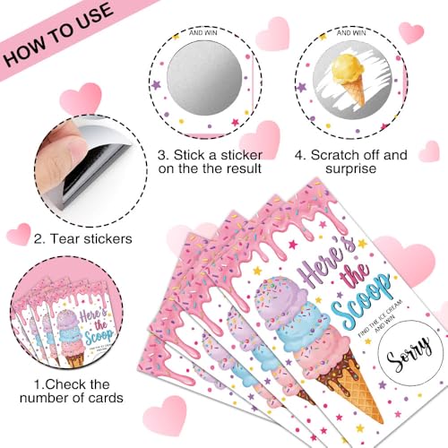 50 Pcs Here's The Scoop Summer Themed Scratch off Game Cards, Ice Cream Scratch Card for Baby Shower Sweet Birthday Party, Gender Reveal Shower Lottery Activity Group Games - color: Pink Purple
