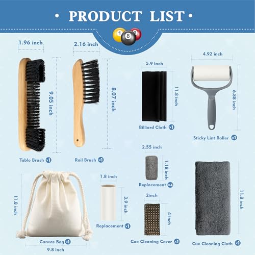 LAKINGO Pool Table Brush Set for Felt, 12 Kit Billiard Table Cleaning Accessories with 2 Wood Brush, 4 Ferrule Polish Cloths, Cue Shaft Cleaner Cloth, Sticky Lint Roller, Storage Bag - color: 12 Kit - Natural