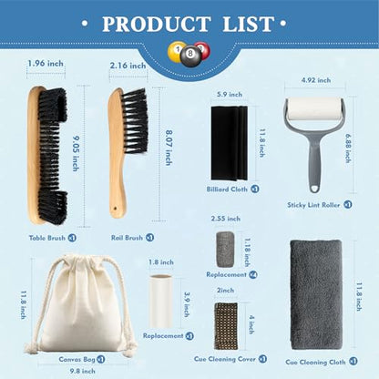 LAKINGO Pool Table Brush Set for Felt, 12 Kit Billiard Table Cleaning Accessories with 2 Wood Brush, 4 Ferrule Polish Cloths, Cue Shaft Cleaner Cloth, Sticky Lint Roller, Storage Bag - color: 12 Kit - Natural