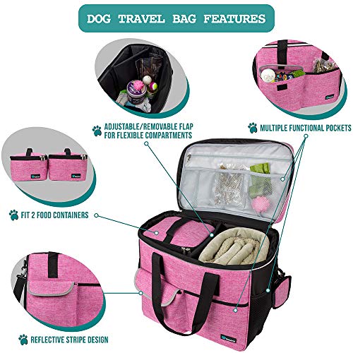 PetAmi Dog Travel Bag Organizer, Pet Travel Kit with 2 Food Containers & 2 Collapsible Dog Bowls, Pet Supplies Tote with Luggage Sleeve, Weekend Road Trip Camping Essentials, Pink, Large - color: Pink, size: Large - 15.5"L x 9.5"W x 14.0"H