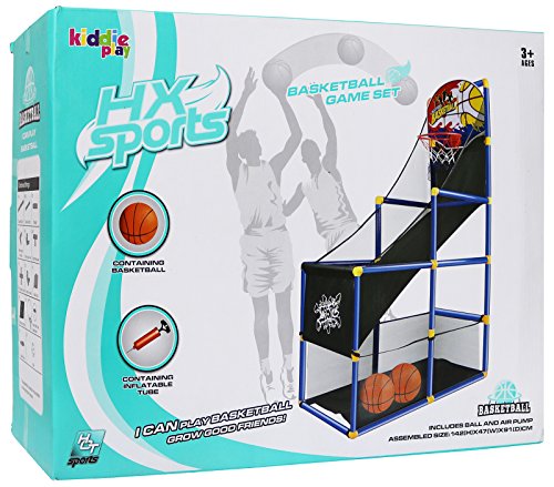 Kiddie Play Arcade Basketball Game Set for Kids 4 Balls and Hoop | Air Pump, Mesh Storage Basket, Indoor & Outdoors Sport Toys