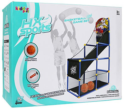 Kiddie Play Arcade Basketball Game Set for Kids 4 Balls and Hoop | Air Pump, Mesh Storage Basket, Indoor & Outdoors Sport Toys