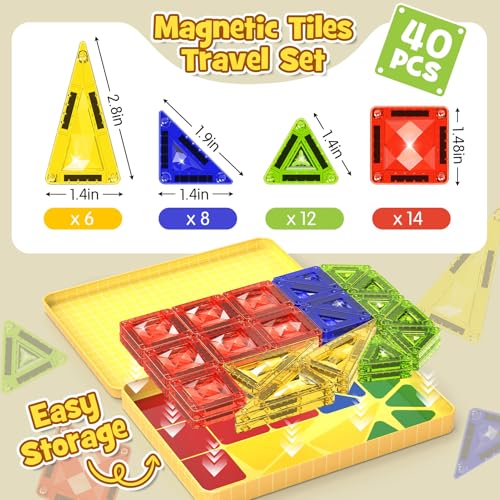 Mini Magnetic Tiles Travel Set - 40PCS Diamond Texture Magnetic Building Blocks for Kids, 10% Thicker & Portable Yellow Metal Storage Box, Montessori STEM Educational Toys Gift for Ages 3+ - size: 40 PCS