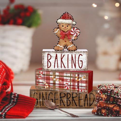 DIYDEC 4Pcs Christmas Table Decoration Gingerbread Man Wooden Block Sign Christmas Tiered Tray Decor Centerpiece Decorative Sign for Xmas Holiday Tabletop Coffee Fireplace Shelf Desk Party Decor - style: Gingerbread Man