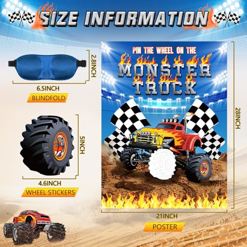Faccito Monster Truck Birthday Games Pin The Wheels on The Monster Truck Large Poster with 24 Wheel Stickers and Game Blindfold Cars Pin The Wheels Game for Birthday Decorations Trucks Party Supplies - style: Monster