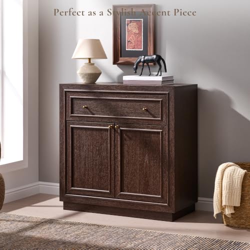 ACCOHOHO Modern Farmhouse Buffet Cabinet, 31.5" Sideboard Credenza, Modular Storage Cabinet with Framed Panel Fronts, Adjustable Shelves & Dual Base Design, Natural Walnut - color: Natural Walnut, size: 1 Piece