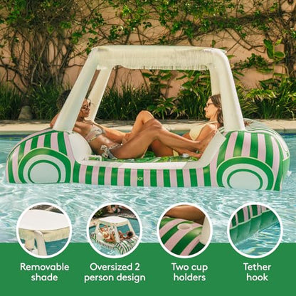 FUNBOY Giant Inflatable Luxury Golf Cart Pool Float, Two Cup Holders, Removable Fringe Shade, Float for Summer Pool Party and Entertainment - color: Palm