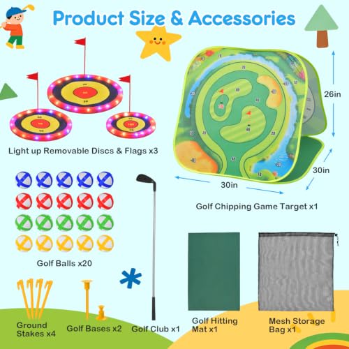 DyBaxa Light Up Golf Game, 4 in 1 Kids Golf Set with 3 LED Targets, Putting Mat, 20 Balls, 1 Golf Clubs, Indoor & Outdoor Summer Golf Chipping Game for Kid, Gifts for Boys and Girls Aged 3+