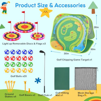 DyBaxa Light Up Golf Game, 4 in 1 Kids Golf Set with 3 LED Targets, Putting Mat, 20 Balls, 1 Golf Clubs, Indoor & Outdoor Summer Golf Chipping Game for Kid, Gifts for Boys and Girls Aged 3+