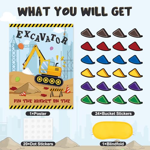 WERNNSAI Pin The Bucket on The Excavator Party Games - Construction Party Supplies Truck Birthday Construction Party Games with 24 Pcs Stickers for Birthday Activities - style: Construction 002