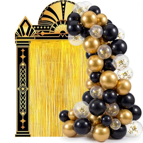 Peryiter 119 Pcs Roaring 20's Party Decorations Set with Gold Foil Curtain Backdrop Banner Black Gold Balloons Roaring 1920's Supplies for Vintage Event, Birthday, Halloween, New Year - style: 20's