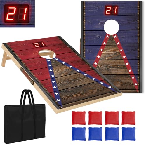 Electronic Cornhole Board Set 4x2ft 3x2ft 2x1ft, Automatic Scoring Corn Hole Games for Adults & Kids, Wooden Portable Cornhole Set with 8 Bean Bags & Carrying Bag for Outdoor, Tailgate, Party - size: 3 x 2 ft
