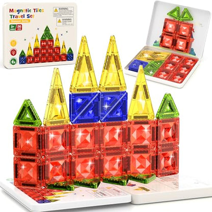 WMXDU Magnetic Tile Mini Diamond Set Travel Size Magnetic Building Toys with Iron Case, Kid's Travel Essential On-The-Go Magnet Construction Toy Set STEM Development Kit Ages 3+, 26-Piece - style: 26pcs-White