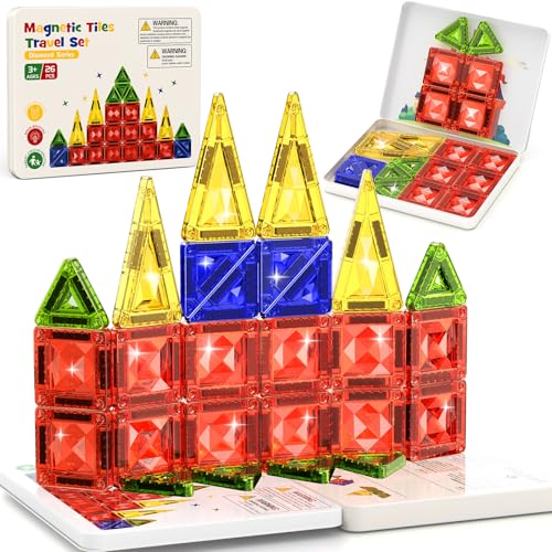 WMXDU Magnetic Tile Mini Diamond Set Travel Size Magnetic Building Toys with Iron Case, Kid's Travel Essential On-The-Go Magnet Construction Toy Set STEM Development Kit Ages 3+, 26-Piece - style: 26pcs-White
